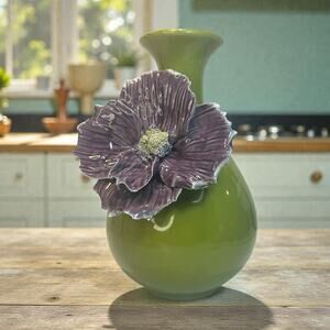 Rare-Anthropologie Rose of Sharon Grand Purple Flower On Olive Green Vase 9.5x7